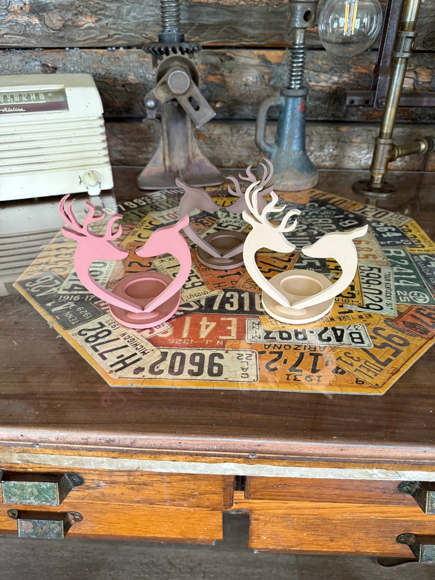 Buck & Doe Heart Candle Holders | 3D Printed Rustic Tea Light Set | Wood PLA | Deer Couple Decor