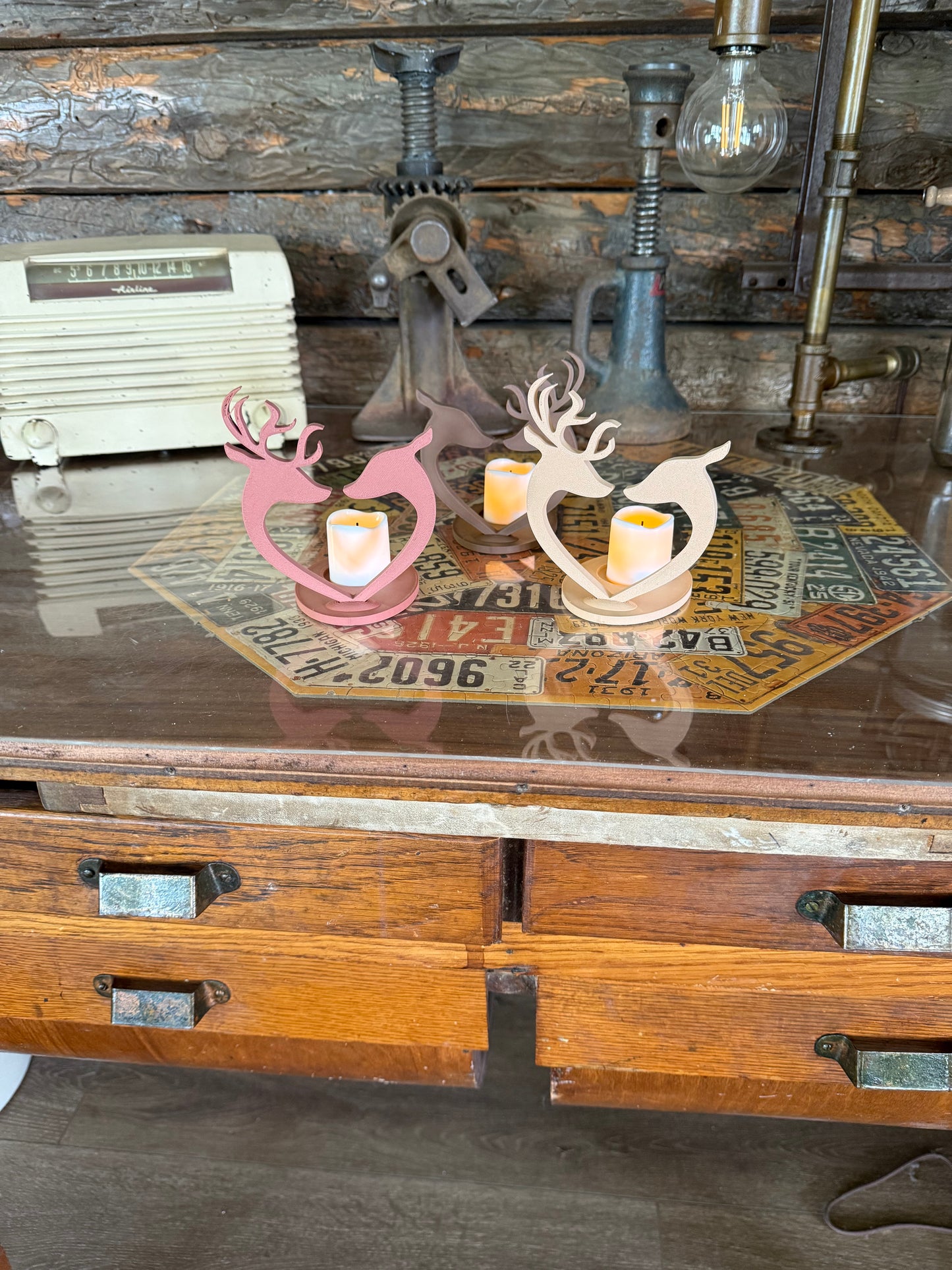 Buck & Doe Heart Candle Holders | 3D Printed Rustic Tea Light Set | Wood PLA | Deer Couple Decor