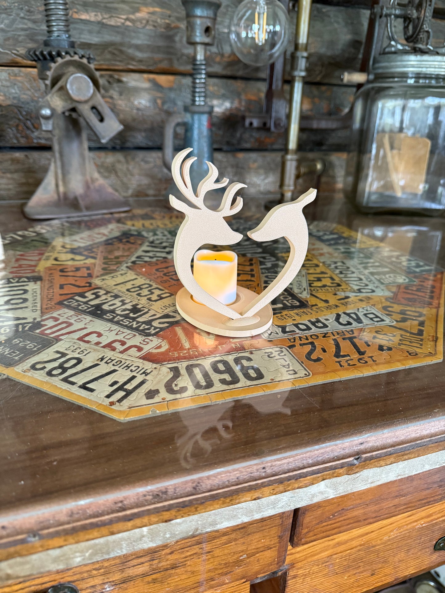Buck & Doe Heart Candle Holders | 3D Printed Rustic Tea Light Set | Wood PLA | Deer Couple Decor