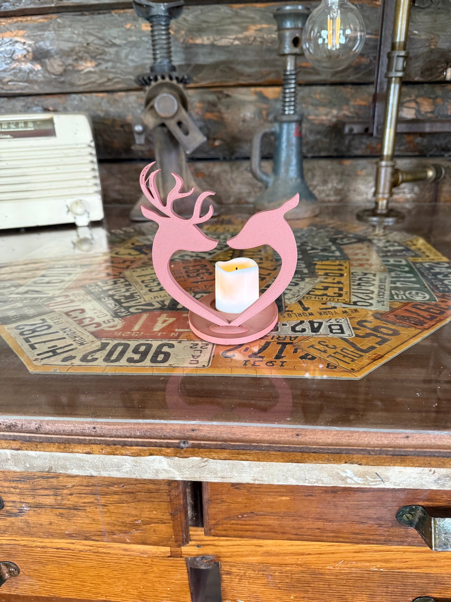 Buck & Doe Heart Candle Holders | 3D Printed Rustic Tea Light Set | Wood PLA | Deer Couple Decor