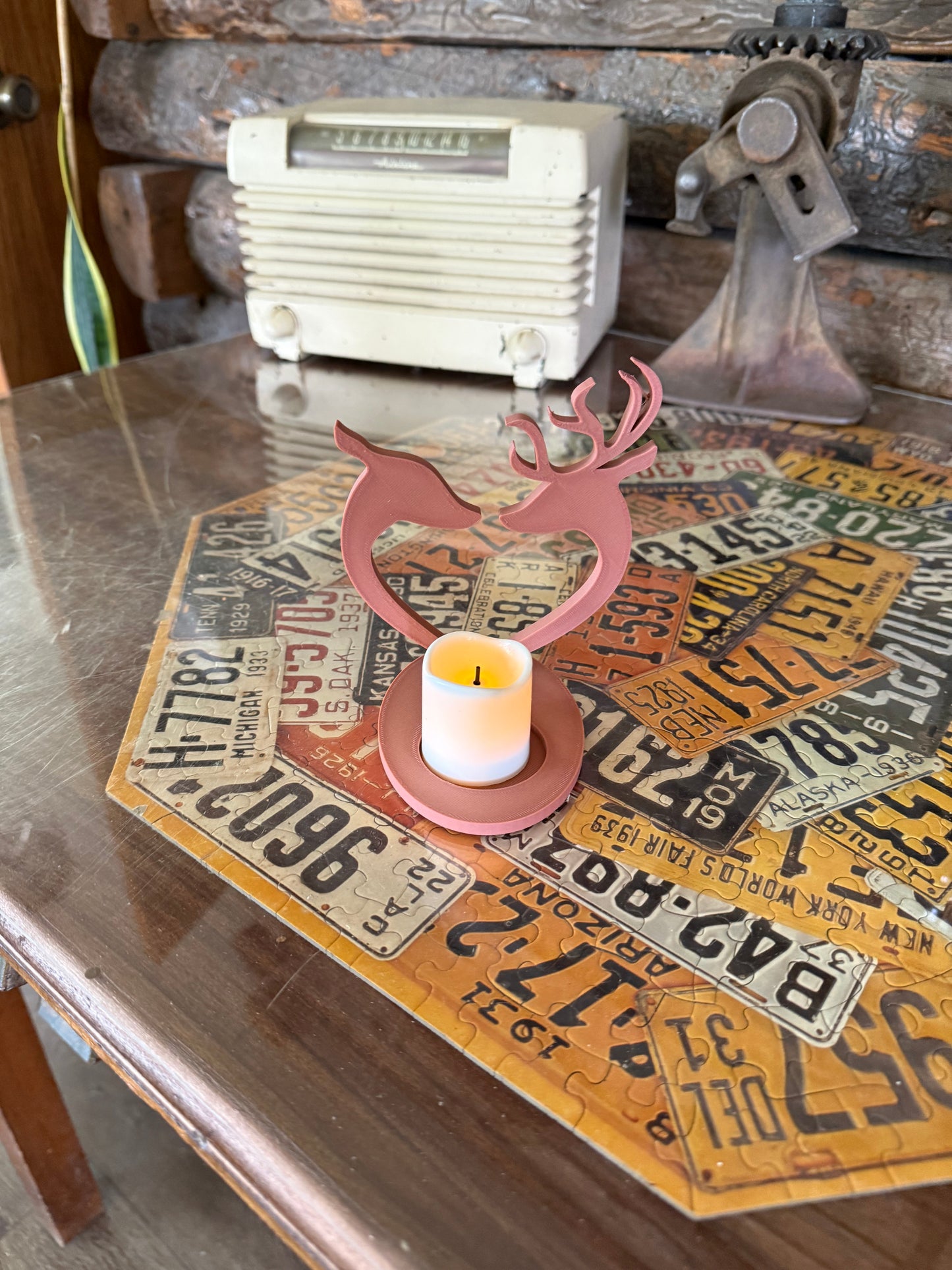 Buck & Doe Heart Candle Holders | 3D Printed Rustic Tea Light Set | Wood PLA | Deer Couple Decor