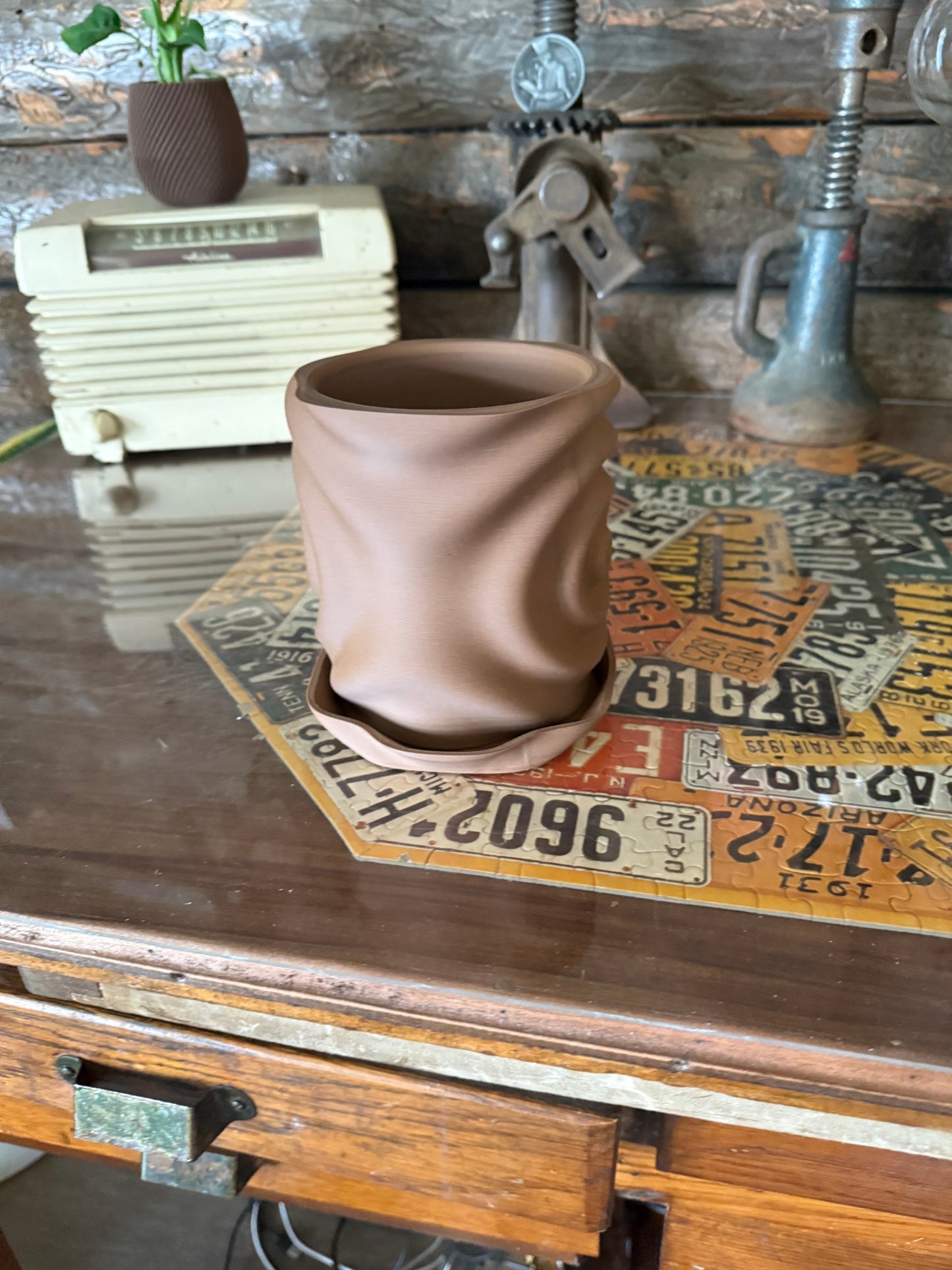3D Printed Crumpled Planter – Modern Organic Pot with Saucer