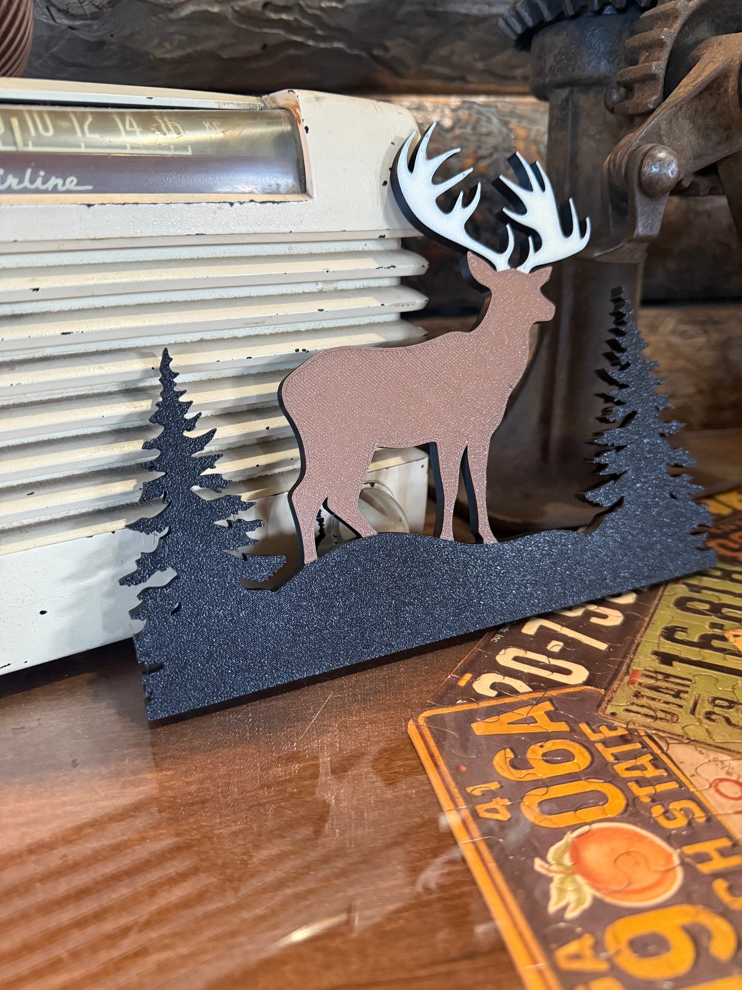 Rustic Deer and Pine Tree Silhouette Wall Art – Handmade Layered Décor