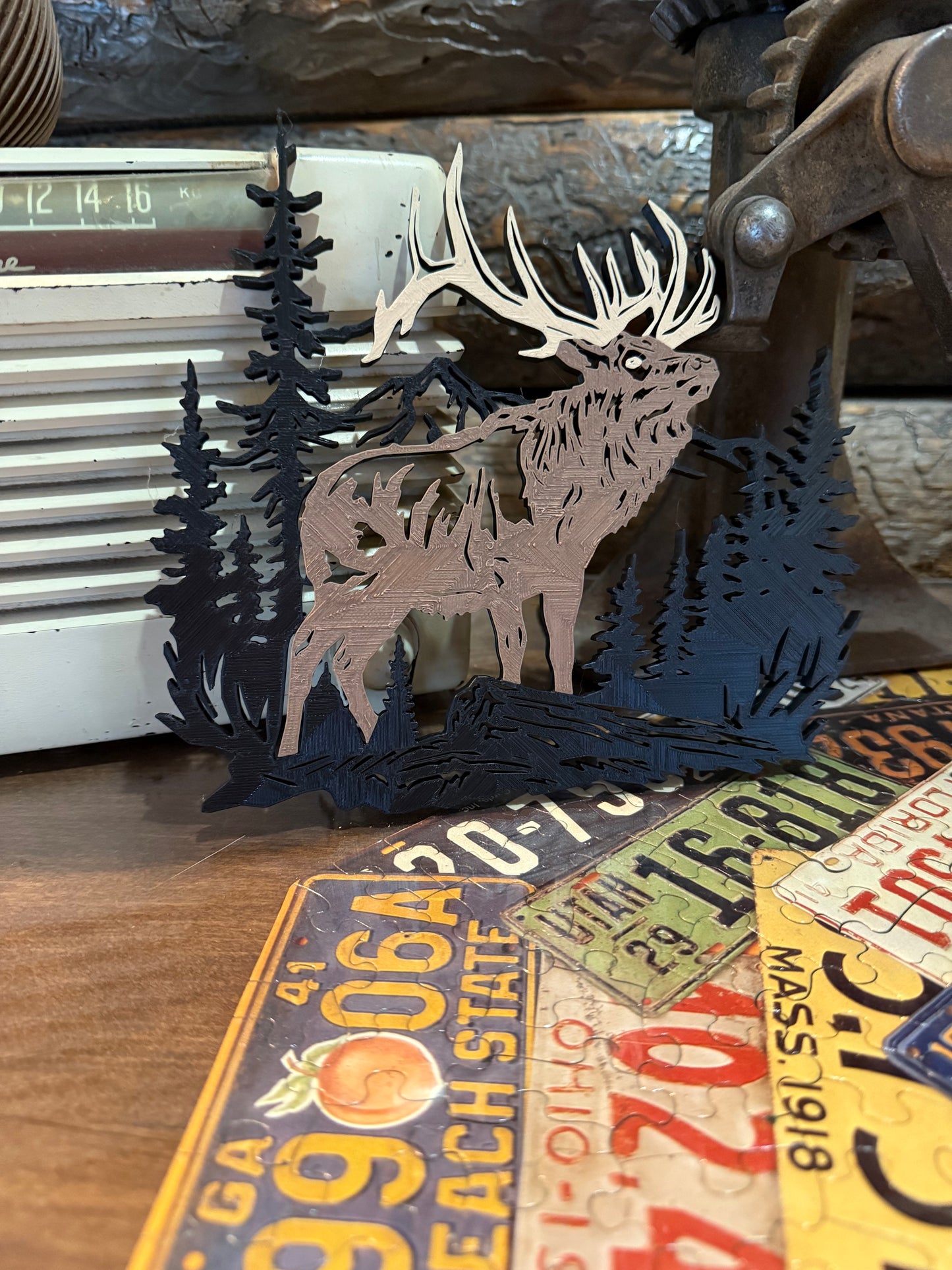 Rustic Elk & Forest Scene Wall Art – 3D Layered Woodland Decor
