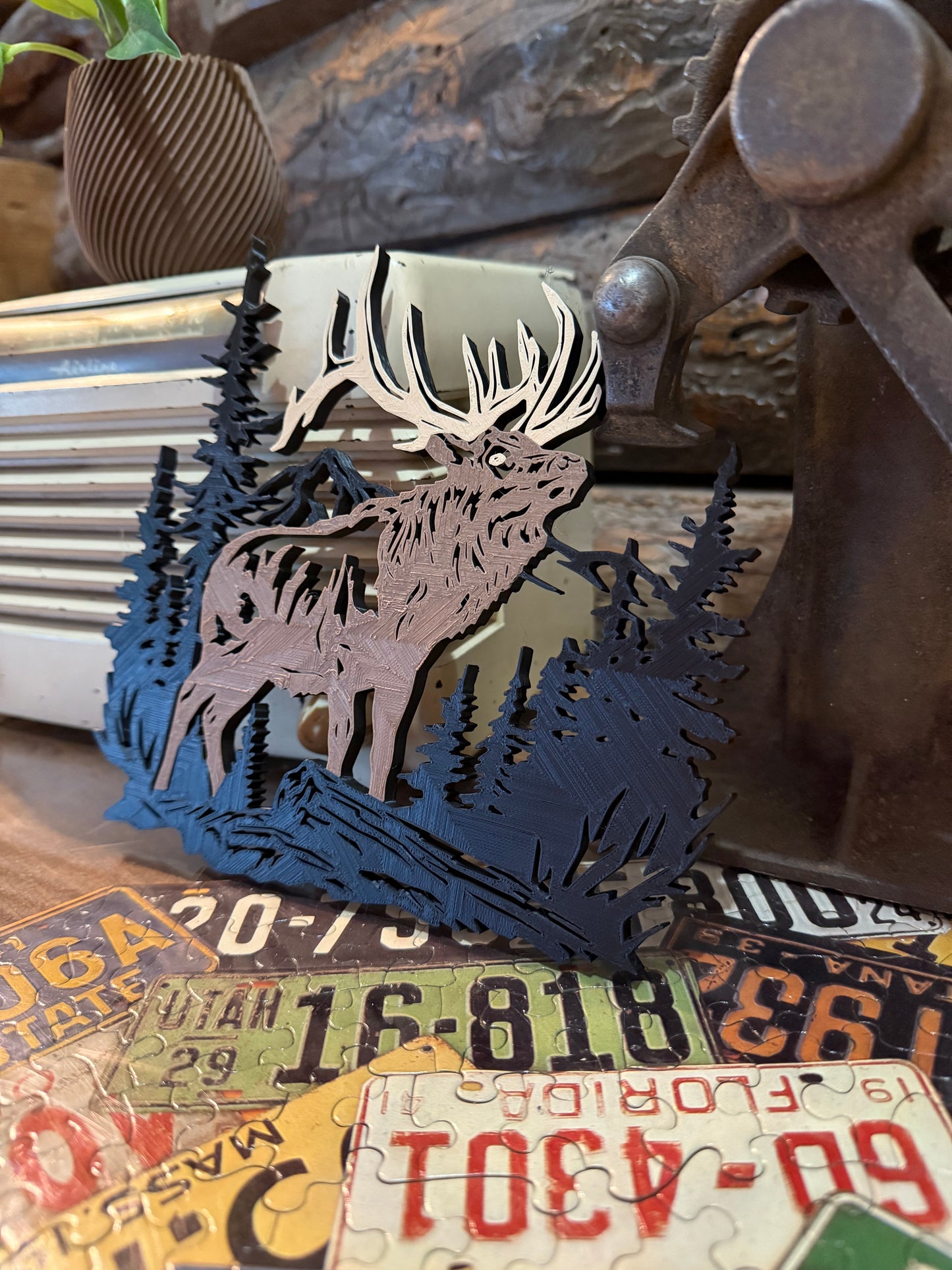 Rustic Elk & Forest Scene Wall Art – 3D Layered Woodland Decor