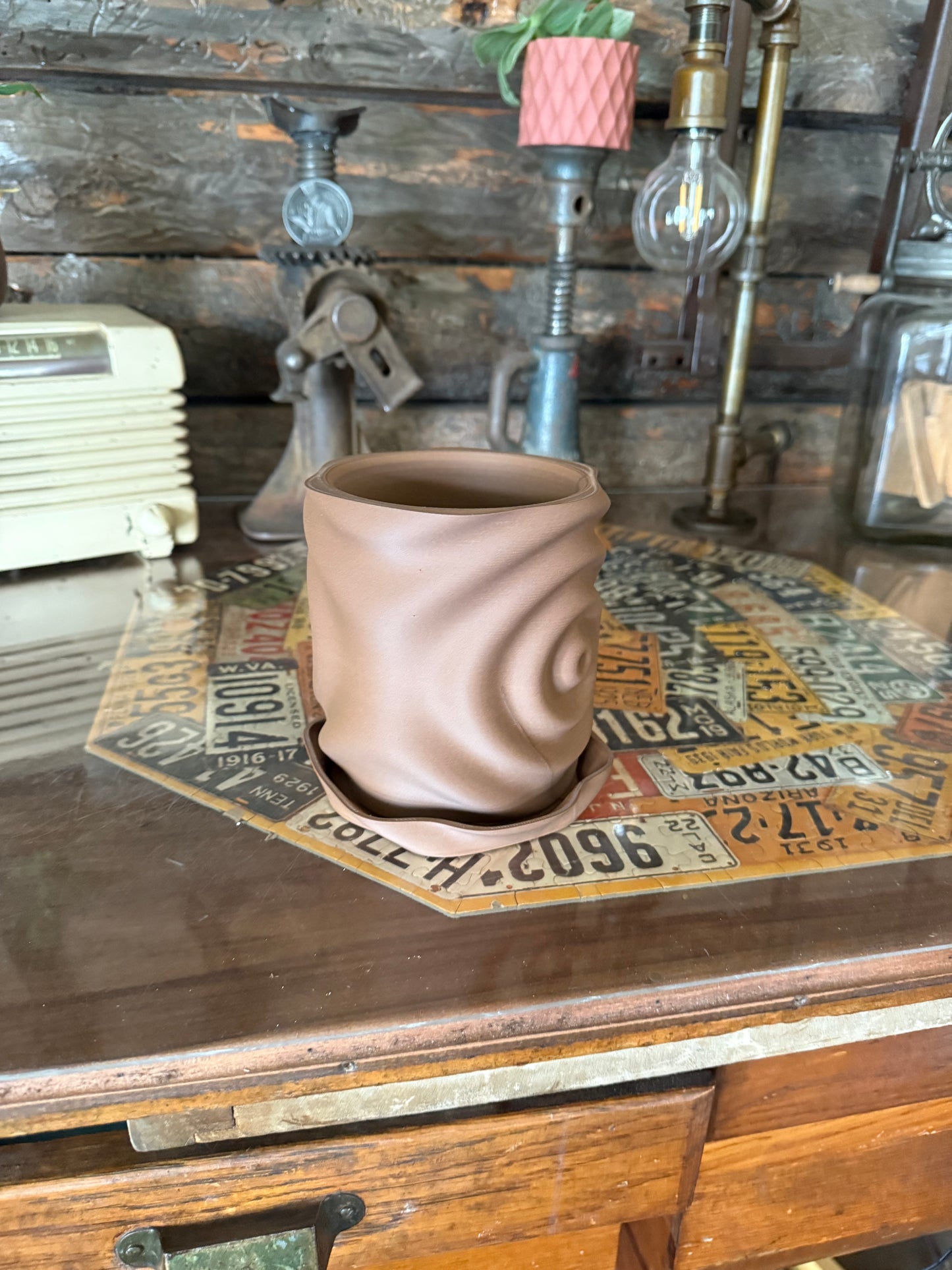 3D Printed Crumpled Planter – Modern Organic Pot with Saucer