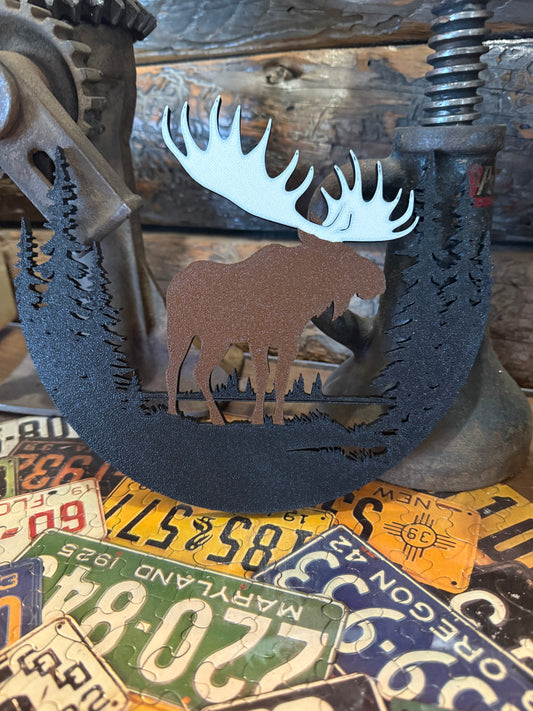 Rustic Moose and Pine Tree Silhouette Wall Art – Handmade Cabin Décor